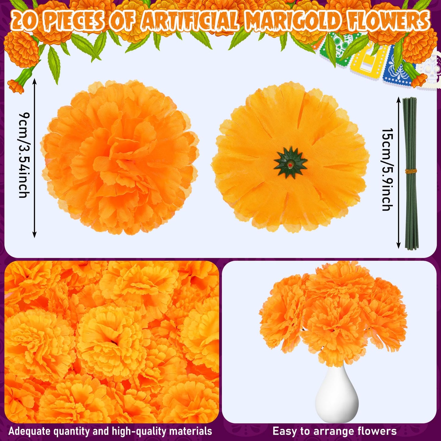 Jetec 30 Pcs Dia De Los Muertos Decoration Set Include Day of the Dead Altar Ofrenda Artificial Marigold Flowers 4.92 Feet Diwali Marigold Garland Light and Monarch Butterfly Decor(Papel Picado)