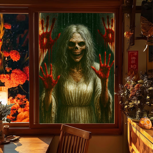 HOMETITUTE Horror Skeleton Window Film 31x47 Inch Bloody Handprint Window Film Decorative Sticker Scary Ghost Face Cling for Haunted House Bathroom Mirror Door Halloween Privacy Glass Cover Décor