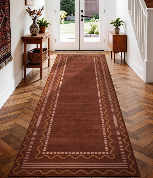 YIHOUSE Burnt Orange Scalloped Runner Rugs 2x6, Non-Slip Washable Farmhouse Border Rug for Hallway, Low-Pile Indoor Carpets, Stain-Resistant Vintage Rugs for Bedroom, Dining Room, Office
