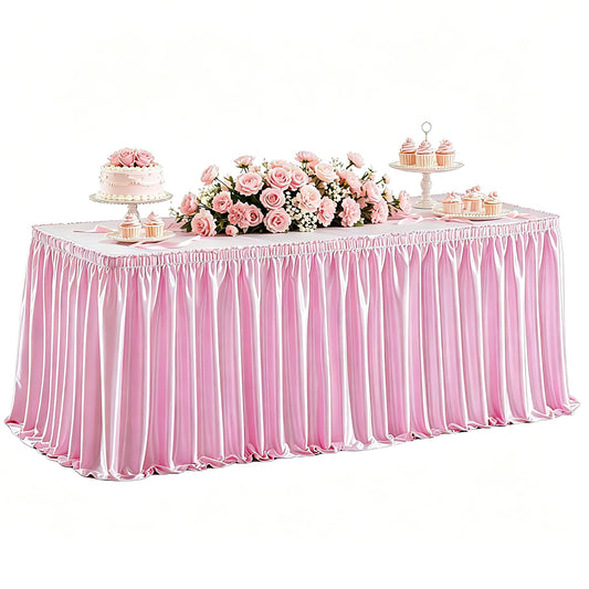 Wish Care 6ft Pink Satin Table Skirt for Rectangle Tables Wrinkle Free Glitter Desk Skirts Pleated Ruffle Table Cloth for Girls Birthday Baby Shower Theme Party Wedding Cake Table Skirting Decorations