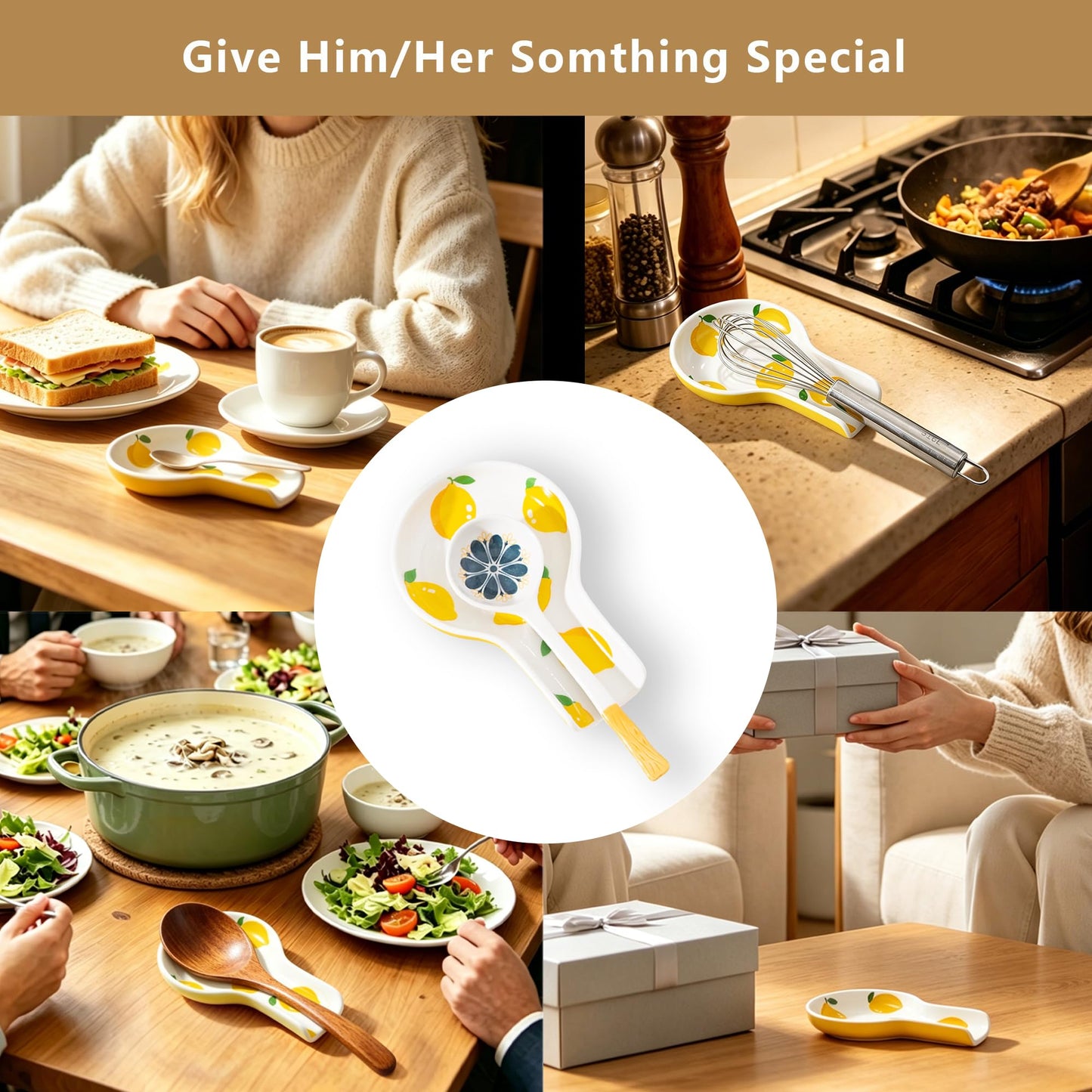 YumiPLUS Porcelain Fruit Spoon Rest, Ceramic Utensil Rest for Stove & Countertop, Cute Spoon Holder, Ideal Gift for Housewarming, Mother's Day and Valentine’s Day (lemon)
