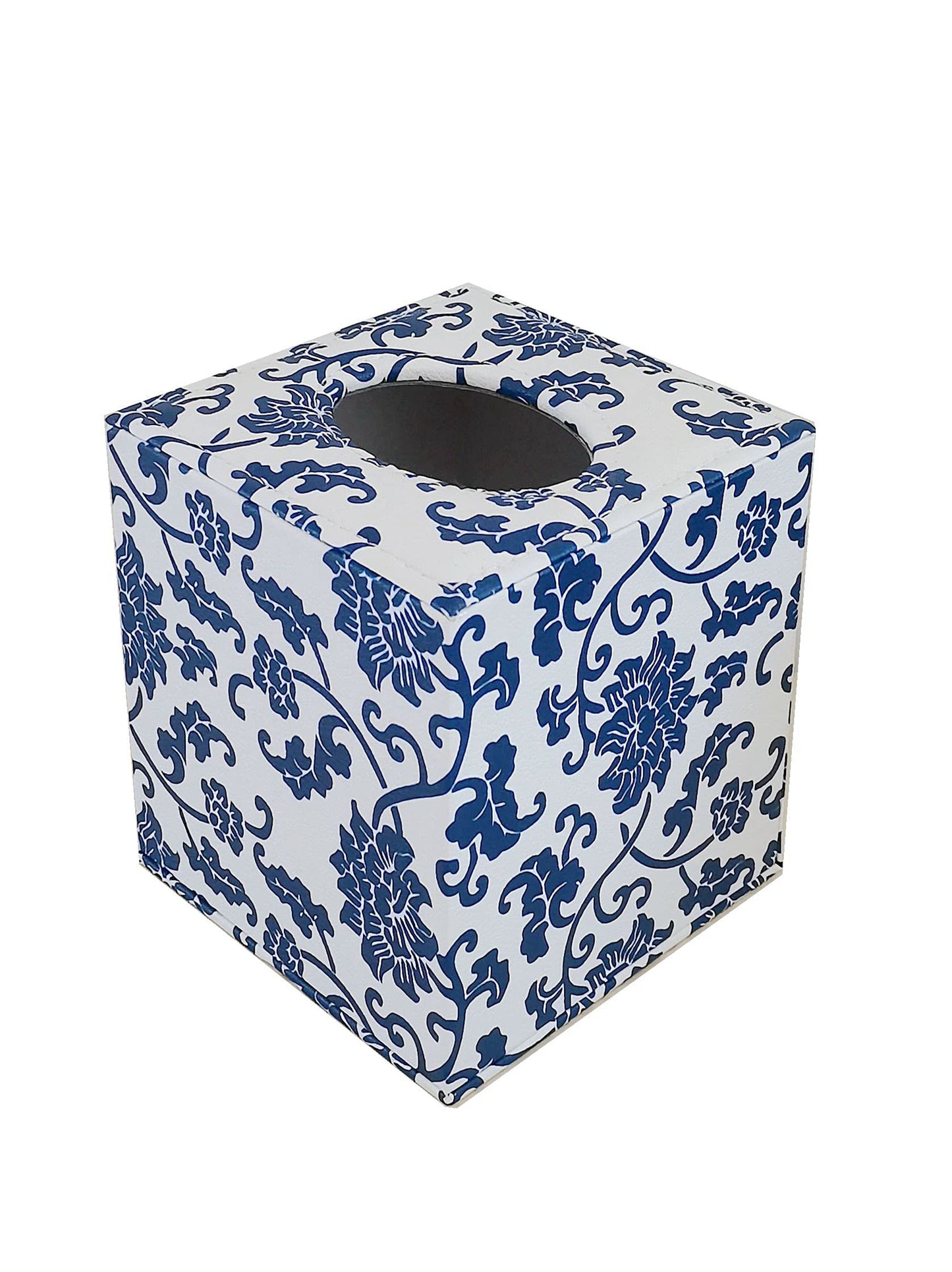 S Forever Home Decor Flower Pattern Faux Leather Tissue Box Cover (Square,Blue and White Porcelain)