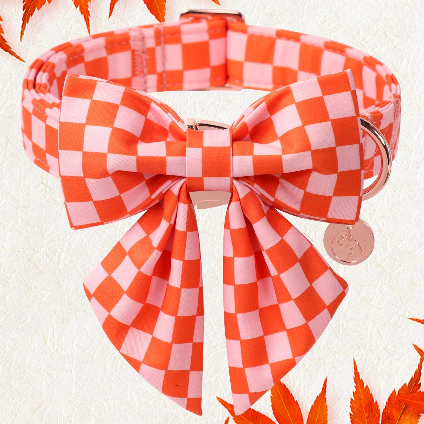 DOGWONG Orange Pink Plaid Dog Collar with Bow - Adjustable and Comfortable Autumn Dog Collar Fall Necklace for Large Medium Small Pet,M