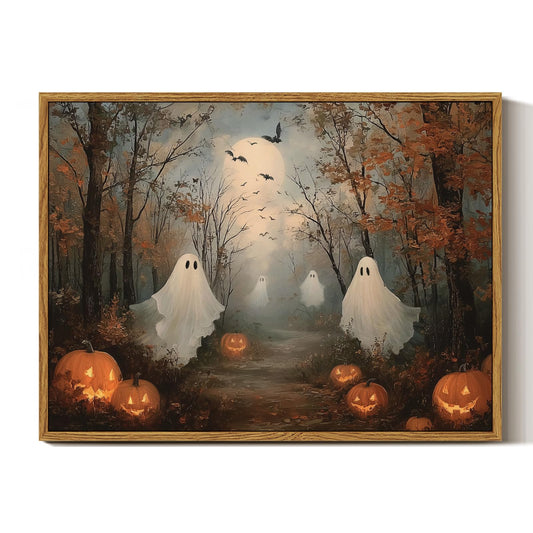 InSimSea Vintage Halloween Fall Art Decor, Ghosts & Pumpkin Lanterns Picture, Autumn Forest Scene, Rustic Decor for Shelf Kitchen Bathroom, Framed Canvas Art, 16x12in,Small Size