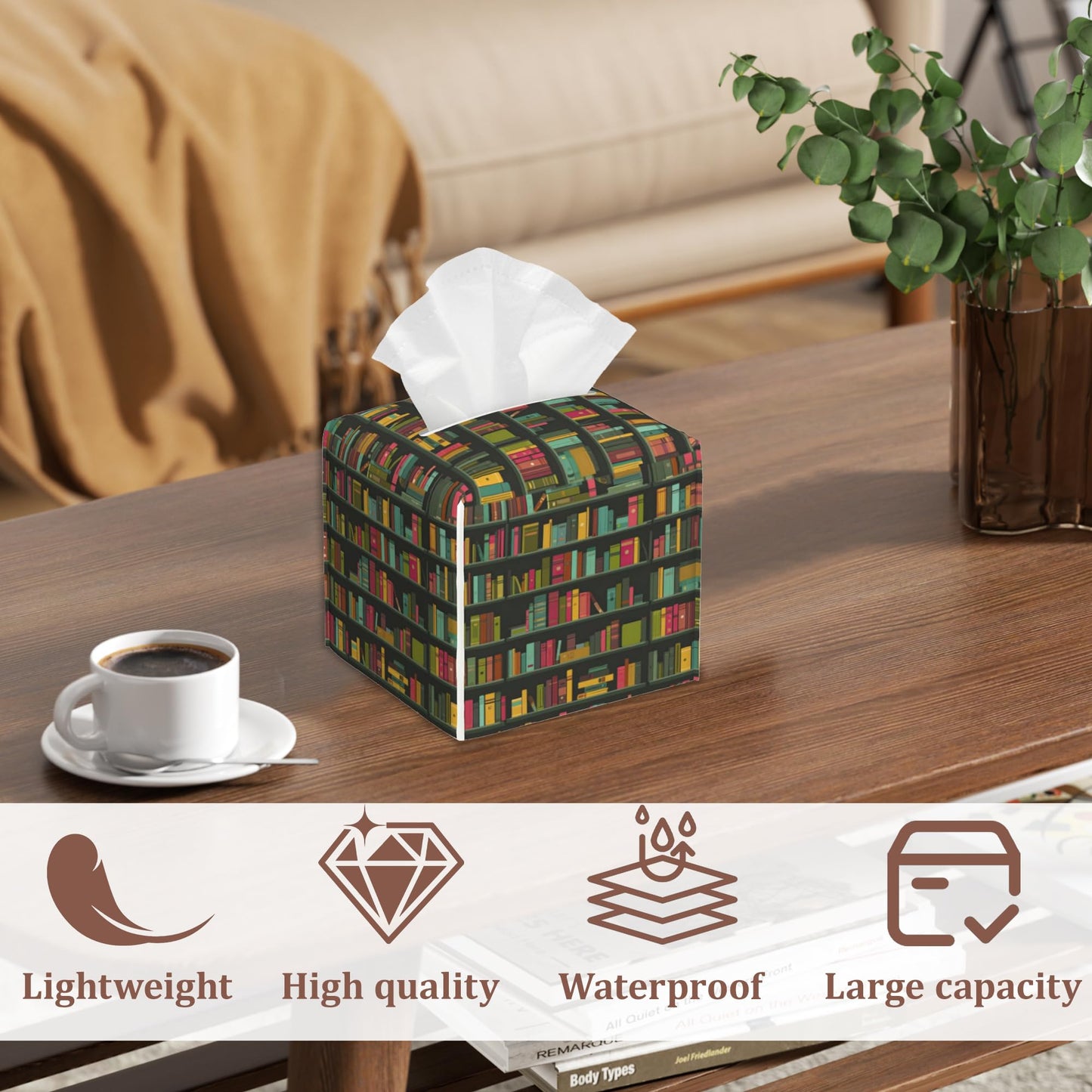Bookshelves Full of Books Tissue Box Cover 2Pcs PU Leather Tissue Box Holder for Home, Square Tissue Holder for Harvest Autumn Season Halloween Thanksgiving Gift