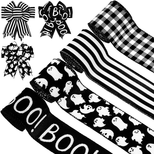 Whaline 4 Rolls Halloween Wired Ribbon Black White Ghost Pattern Gift Wrapping Ribbon Buffalo Plaid Stripe Decorative Ribbons for Crafts Bow Wreath Gift Wrapping Halloween Party Decor, 24 Yards