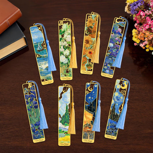 KInsound 8pcs Metal Bookmarks with Tassel, Golden Van Gogh Monet Oil Painting Theme Cute Book Markers for Reading Women, Men, Kids, Book Lovers, Reading Accessories Gifts for Book Lovers