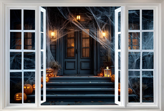 WOOHOOROO Peel and Stick Halloween Fake Window Sticker,Spooky House Scene Wall Decal with Pumpkins and Spider Webs,Removable Self-Adhesive Mural for Home Decor,32" x 48"