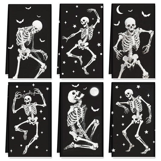 6Pcs Halloween Skeleton Kitchen Towels Spooky Dish Towel 18 x 28 Inch Hand Drying Tea Towel for Cooking Baking Cleaning