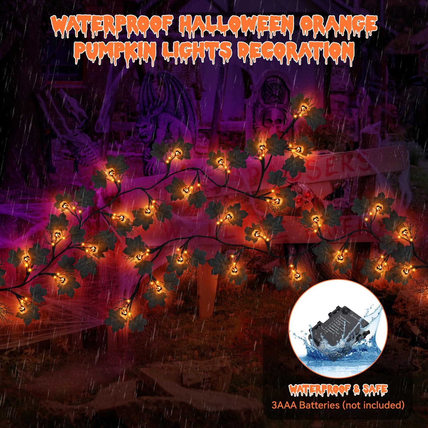 6 FT 54 LED Halloween Lights, 8 Modes & Timer Battery Operated Halloween Pumpkins Lights with Willow Vine Twig Garland, 3D Waterproof Decorations Lights for Home Indoor Wall Fireplace Mantle Party
