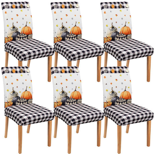 Wscdovf Halloween Chair Covers Set of 6, Fall Pumpkin Black/White Buffalo Plaid Chairs Slipcover for Dining Room, Removable Washable Breathable Cover in The Kitchen Restaurant Holiday Decor