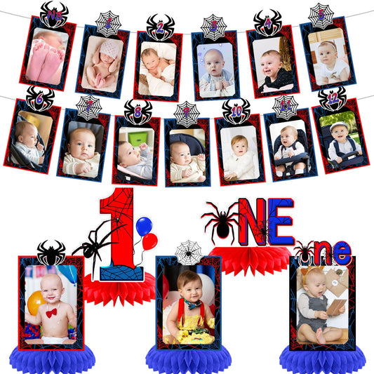 Spider 1st Birthday Party Decorations, Spider Web 12 Monthly Milestone Photo Banner Baby First Year Down Cartoon Spider Theme Photo Table Centerpiece for Boy Spider First Theme Party