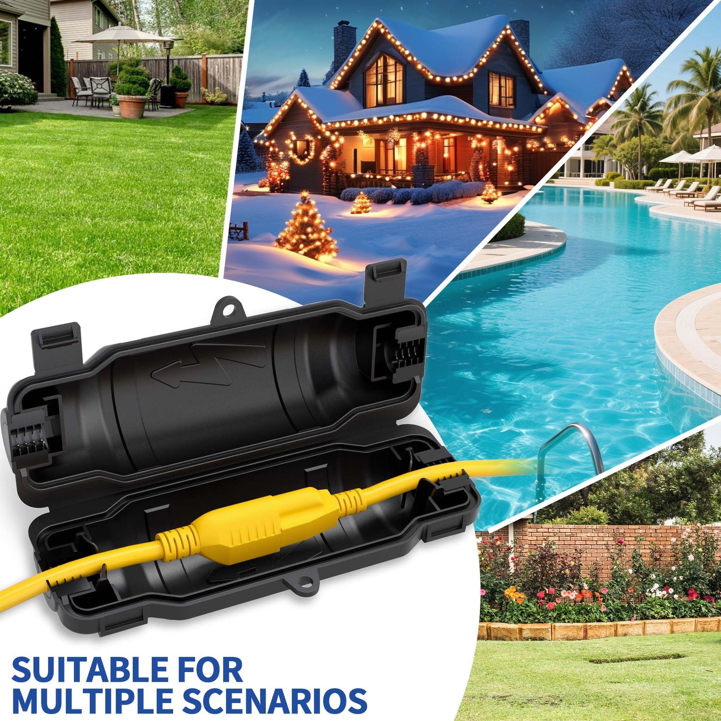 9 Pack Outdoor Extension Cord Safety Cover with Waterproof Seal IP54 Water-Resistant, Weatherproof Electrical Connection Box with 2 Latches, Plug, Socket, Holiday Decoration Light, Black
