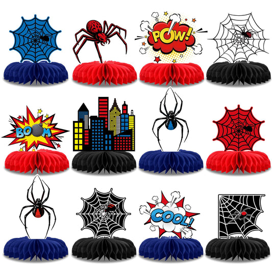 Pajean 12 Pcs Spider Honeycomb Centerpieces for Hero Birthday Party Decorations, 3D Heroic Comic Theme Table Toppers, Red Blue Spider Web Cityscape Paper Decor for Action Event Cake Table Supplies