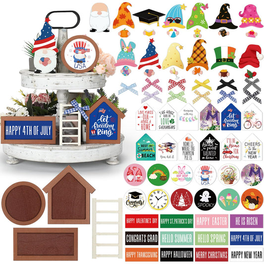 Lineshading 65 Pcs Interchangeable Seasonal Tiered Tray Decor Set Patriotic Farmhouse Summer Tiered Decorations Holiday Rustic Wooden Frames Arch Ladders Cards Bow Knot for Home Kitchen Table Decor
