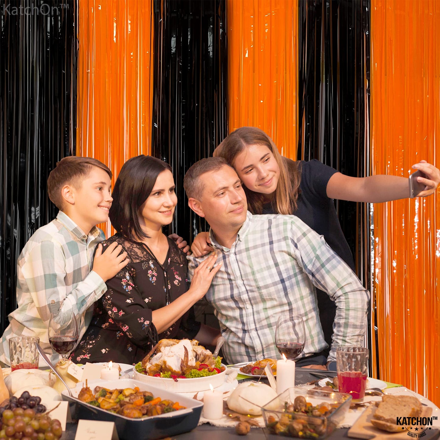 KatchOn, Black and Orange Foil Fringe Curtain - XtraLarge 3.2x8 Feet, Pack of 2 | Orange and Black Streamers, Halloween Decorations | Fringe Backdrop Curtain for Birthday, Summerween Party Decorations