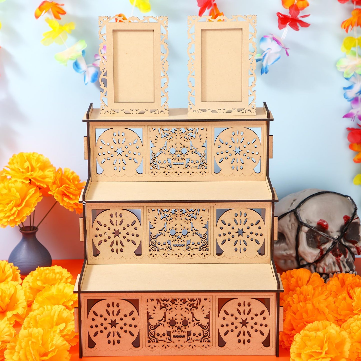 MotiMind Dia De Los Muertos 2 Photo Frame Three Layer Altar Ofrenda Box, Poplar Plywood Sugar Skulls and Pan de Muerto Papel Picado, Self Painting Shadow Box Frame The Day of The Dead Decor(Elegant)