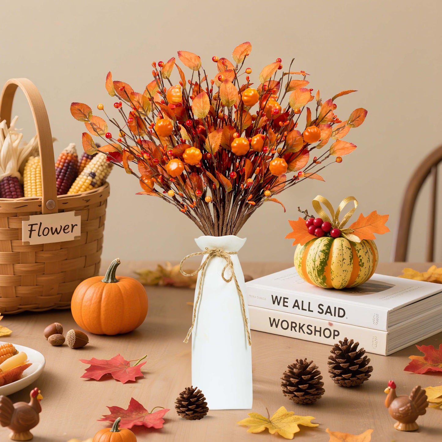 WSTPUPU Artificial Fall Picks 12PCS Fall Berry Stems 17inch Autumn Pumpkin Picks with Berry Pumpkin for Vases Centerpieces Autumn Harvest Festival and Thanksgiving Day