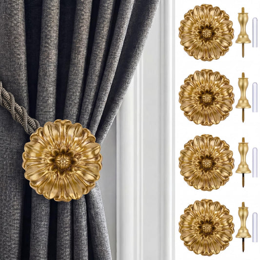 ElaraBerry 4 Pack Vintage Curtain Holdbacks Wall Mounted Medallion Curtain Tiebacks with Screws Flower Antique Gold Decorative Curtains Holders for Drapes Window Treatment Holdbacks