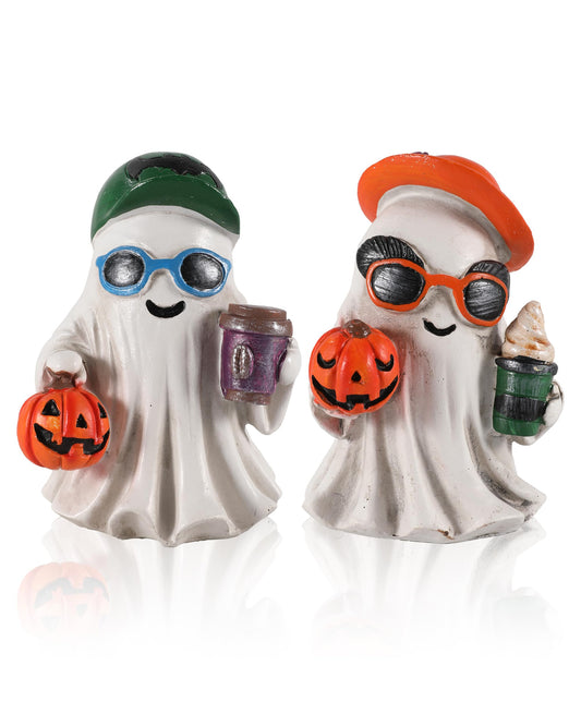GoGnome Halloween Decorations Resin Ghost Figurines with Pumpkins and Coffee Cups Ice Cream – Set of 2 Festive Decor (White)