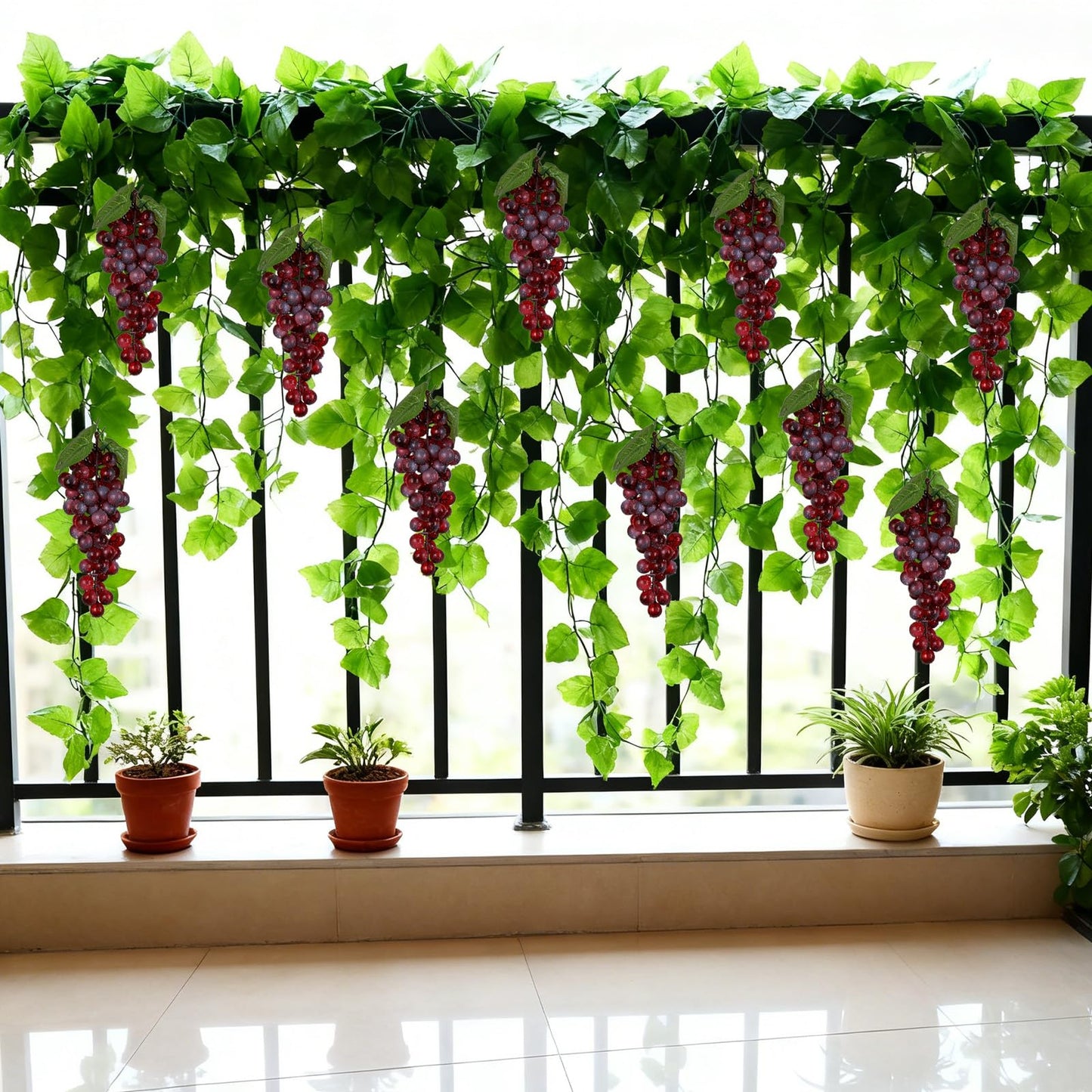 5Pcs 36 Leaves Artificial Greenery Garlands Hanging Leaves with 5 Strings 36 Purple Grapes for Faux Grape Leaf Garland Vine Plants for Indoor Outdoor Wedding Garden Home Party Wine Rack Decor