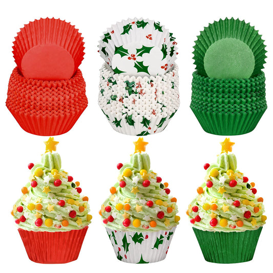 Potchen 600 Count Christmas Cupcake Liners Red Green Berry Snowflake Print Baking Cups Disposable Cupcake Wrappers Christmas Theme Muffin Liners Cupcake Holders for Xmas Party Supplies(Holly)