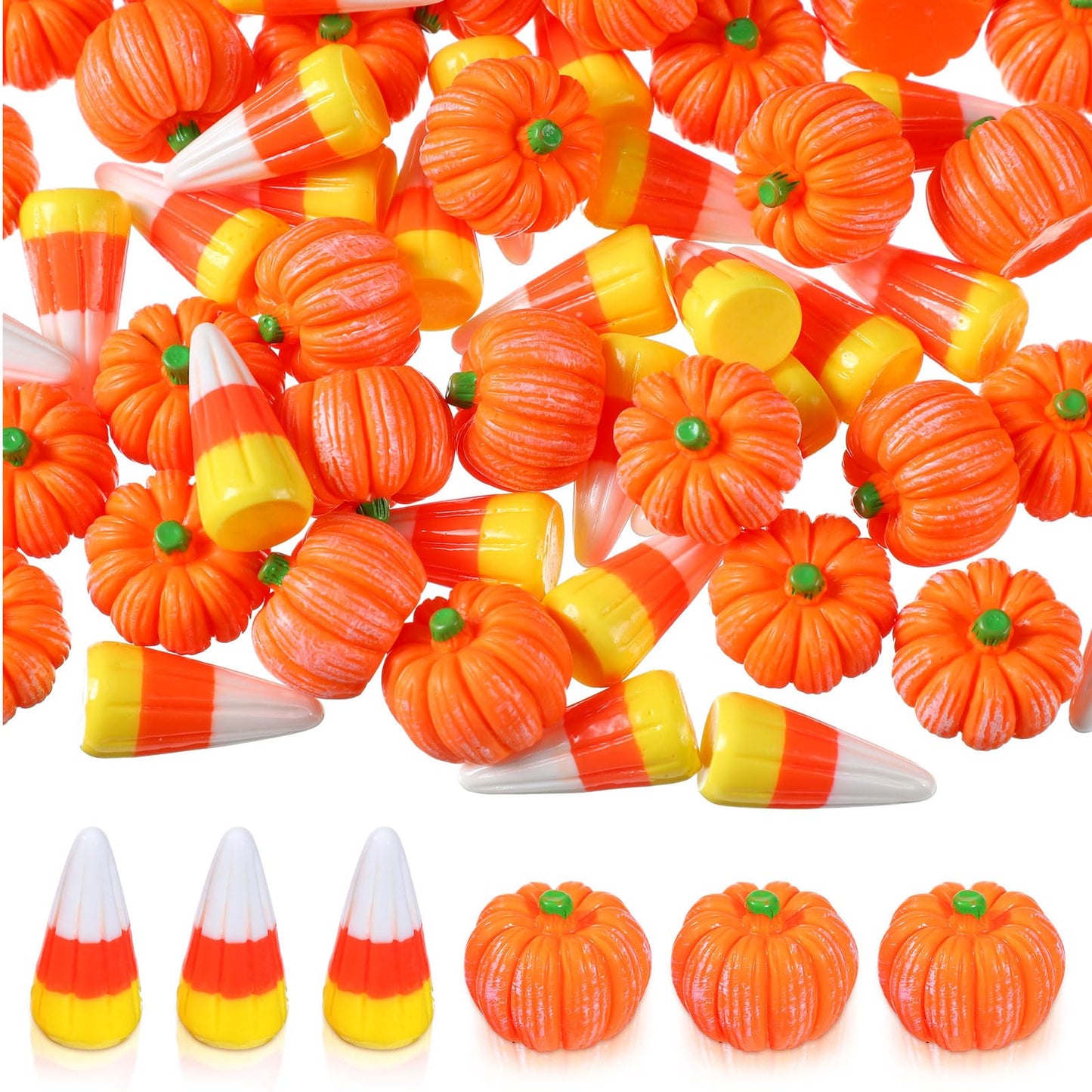 Wettarn 60 Pcs Fake Candy Corn Pumpkin Fall Resin Mini Pumpkin Halloween Resin Charms for Craft Making Artificial Candy Decorations for DIY Halloween Fall Thanksgiving Handmake Decor