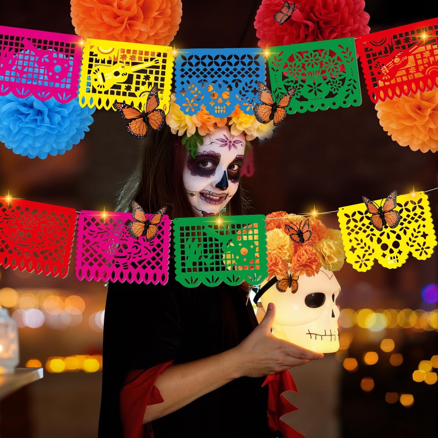 133Pcs Day of The Dead Decorations with 9 Mexican Banner Papel Picado,2 Lighted Artificial Marigold Garland,50 Marigold Flowers with 50 Stems,7 Paper Pom Poms,12 Butterfly for Dia De Los Muertos Decor
