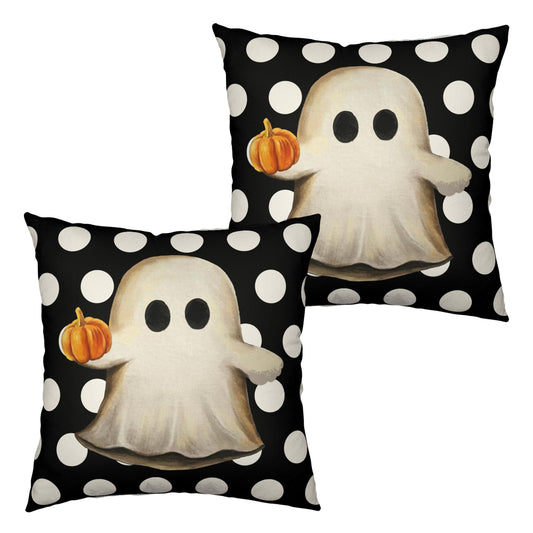 Kwlegh Ghost Pillow Covers Halloween Decorative Pillow Covers 18x18 Set of 2 Gus Ghost and Pumpkin Pillow Case White Polka Dot Spooky Throw Pillow Covers for Home Sofa Outdoor Decoration