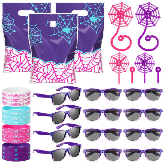 Soulchen 48 Pieces Spiderweb Birthday Party Decoration Set Spiderweb Gift Bags Spider Silicone Bracelet Sunglasses Cobweb Sticky Hands Toys for Birthday Party Supplies Favors (Night)