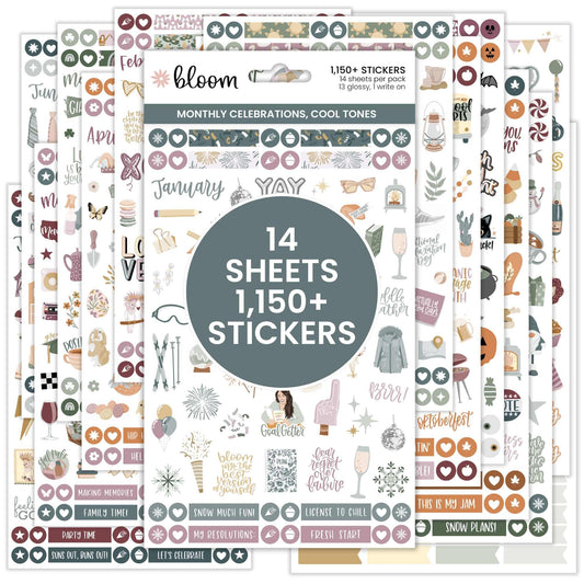 bloom daily planners Monthly Celebrations Planner Stickers for Calendar Decorating, Planning, Scrapbooking - Holiday, Seasonal, & General Events (14 Sheets, 1,150+ Stickers per Pack) - Cool Tones