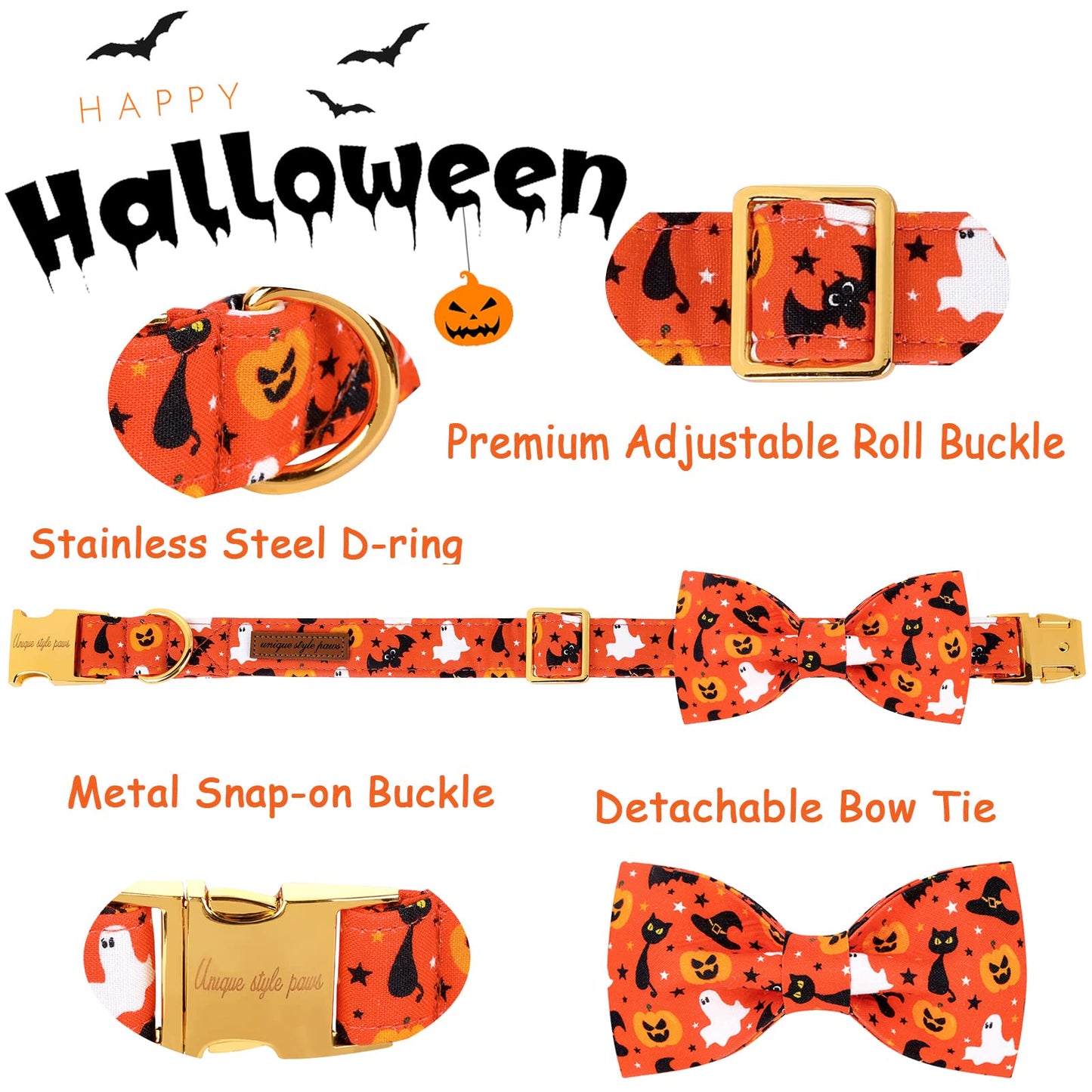 Unique style paws Halloween Dog Collar with Bow Tie Cotton Adjustable Puppy Collar for Small Medium Large Dogs-S