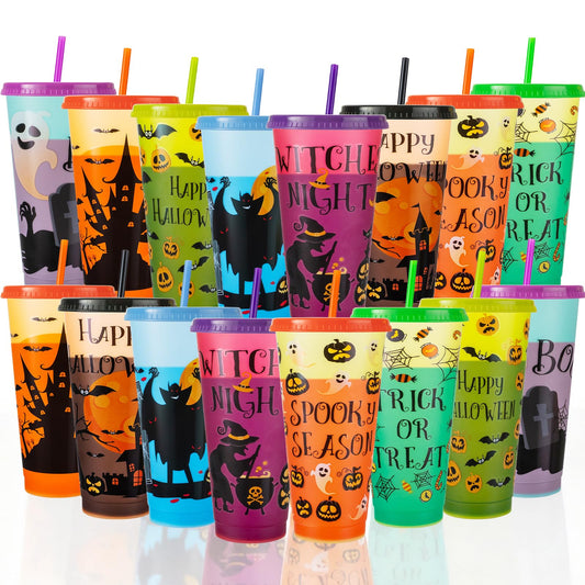 VoziSpace Halloween Decorations Color Changing Reusable Cups with Lids and Straws - 16 Pack 24 oz Plastic Tumblers Bulk with Lids and Straws - Reusable for Party Cups