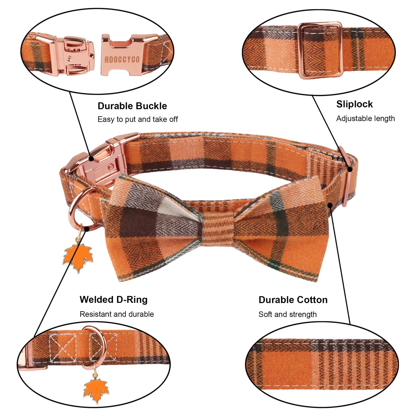 ADOGGYGO Fall Dog Collar with Bow, Detachable Plaid Halloween Thanksgiving Bowtie, Metal Buckle, Adjustable Orange Plaid Fall Collars for Medium Dogs Boy Girl (Medium)