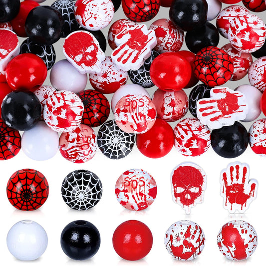 Whaline 130Pcs Halloween Wood Beads 16mm Bloody Trick or Treat Wooden Beads Spider Web Craft Spacer Bead for Necklace Bracelet Jewelry Making DIY Decor, Red Black White