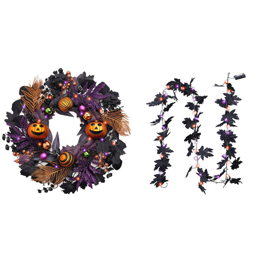 Valery Madelyn Halloween Wreath for Front Door with Lights, 18 Inch Pre-Lit Jack-o'-Lantern Pumpkin Wreath Halloween Decorations for Home Porch Table Centerpiece Window Indoor Party Holiday Wall Decor
