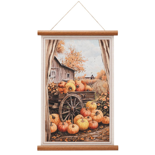 ArtbyHannah Farmhouse Fall Wall Art Decor, Harvest Autumn Thanksgiving Scroll Wall Decor for Bedroom Bathroom Door Home Decor, Rustic Linen Wall Hanging Artwork with Pumpkin Barn Scene, 16x24 Inch