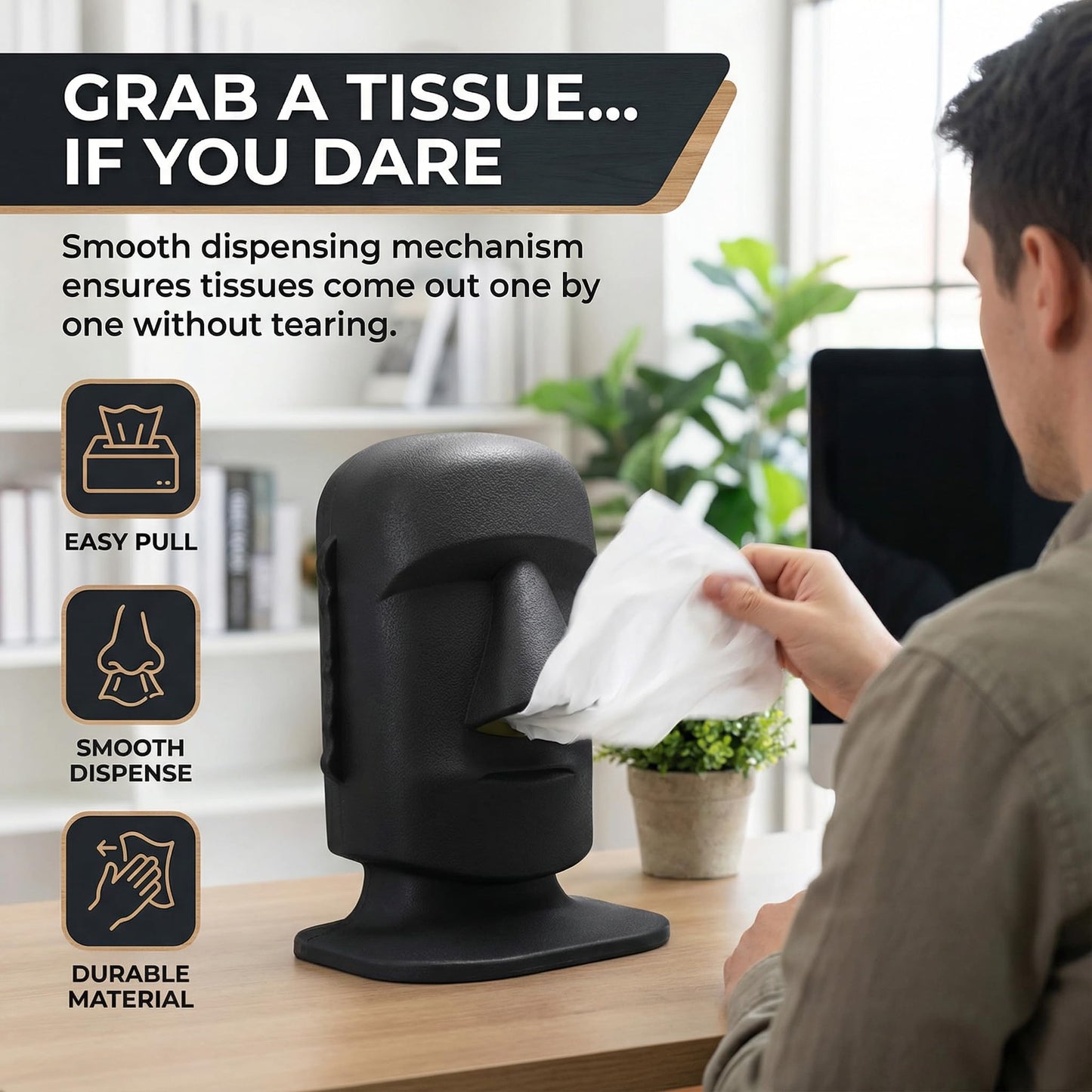 Cowinational Facial Tissue Box Cover Rectangle for Bathroom/Living Room/Office,Moai Face Nose RectangleTissue Box Cover, Easter Island Statue Facial Tissue Box Cover Rectangular.
