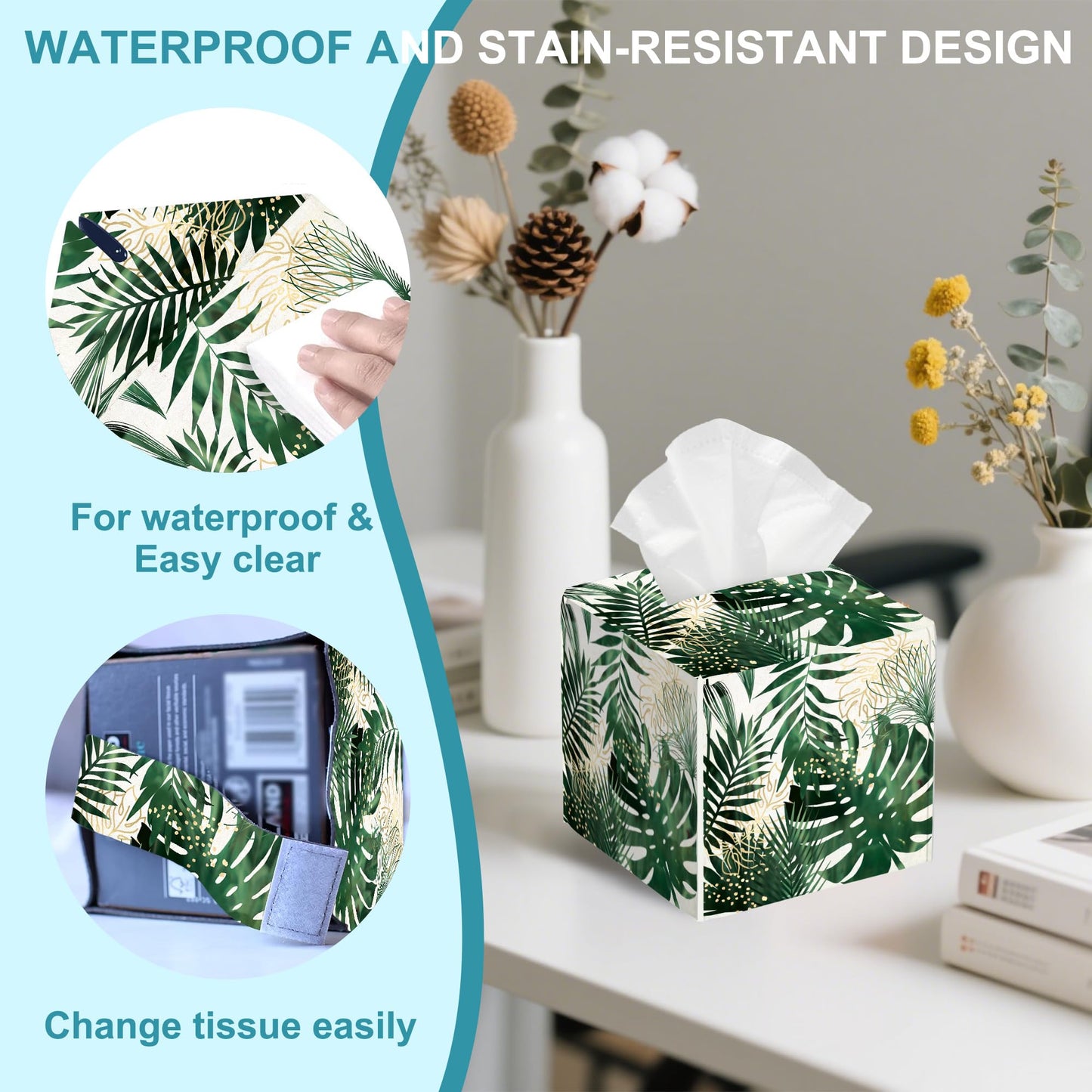 Exotic Palm Leaves Tissue Box Cover,Tissue Box Holder Square with Bottom Belt,Waterproof Leather Organizer Portable Decorative Facial Paper for Bedroom Night Stand Office Desk,5.2" x 5.2" x 5.2"