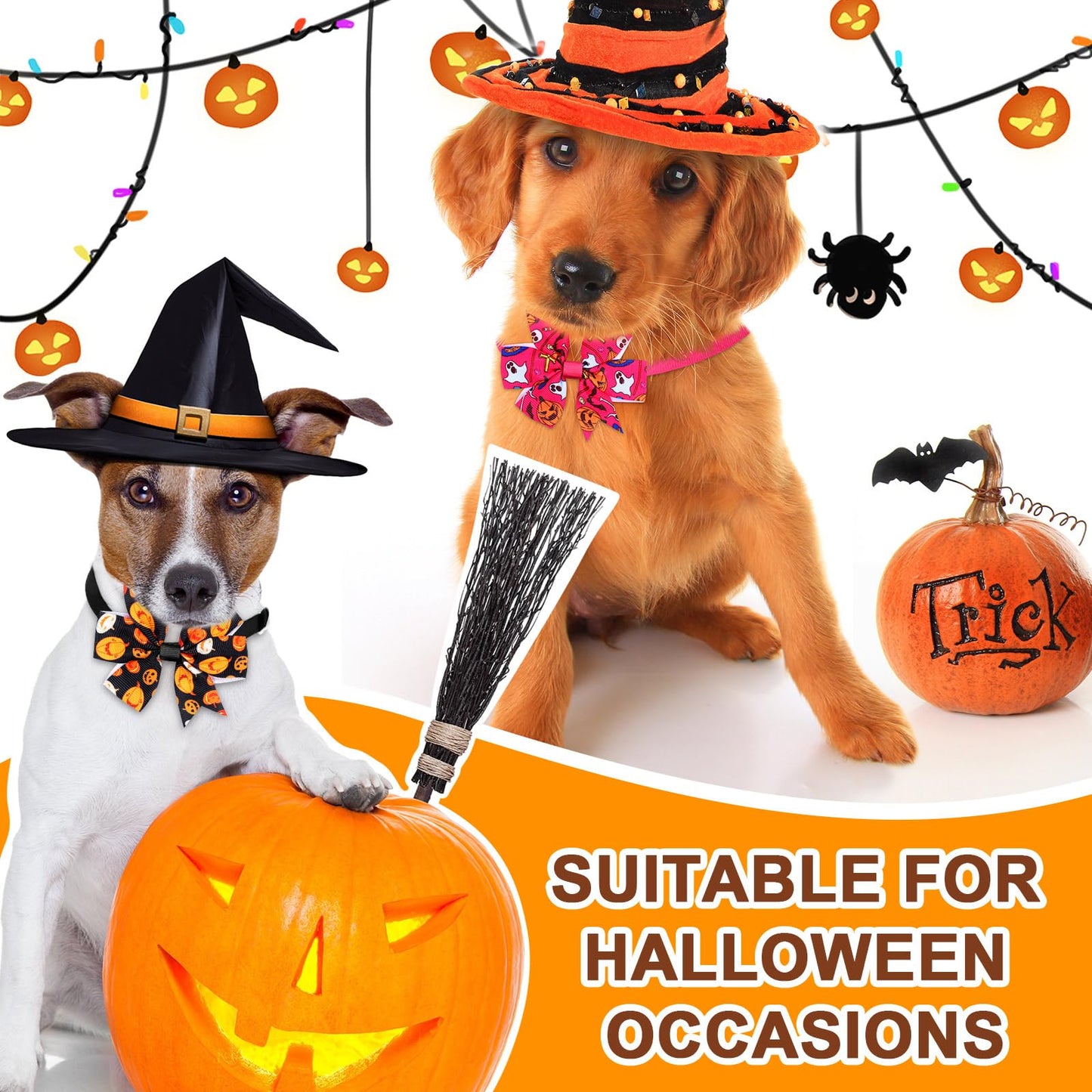 Maitys 40 Pcs Halloween Dog Bows Ties & Basic Collars Bulk - Adjustable Bowties with Plastic Buckle Hair Bow for Dog Cat Pet Holiday Festival Party Grooming Accessories