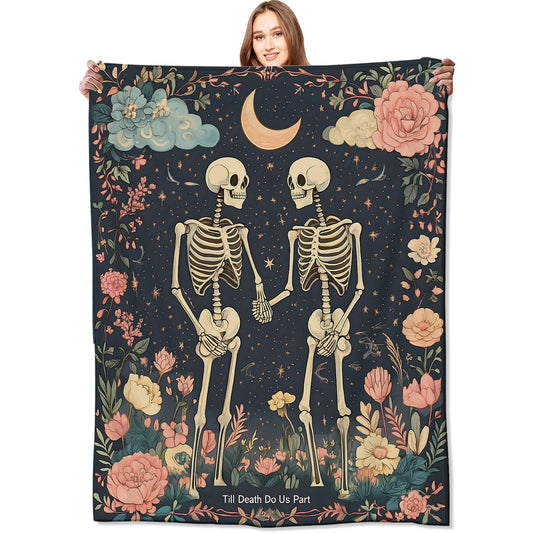 VODRM Gothic Skull Blanket Skeleton Romantic Throw Blankets with Flowers & Crescent Moon,Birthday Gifts for Kids Adult,Lightweight Soft Fleece,for Sofa Couch Bed Room Goth Halloween Decor 50x60in