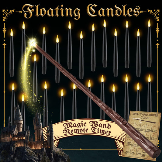 NURADA Floating Candles with Wand Remote Timer - 24 Pcs Magic LED Hanging Flameless Taper Candles Flickering Battery Operated for Birthday Theme Party Holiday Home Halloween Decor - Black