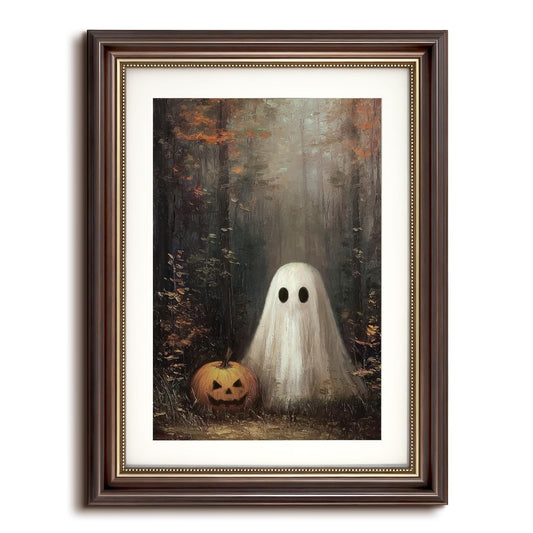VIYYIEA Vintage Halloween Wall Art Decor, Cute Ghost & Pumpkin Lantern Picture, Fall Rustic Decor for Shelf Kitchen Bathroom, Brown Framed Canvas Art, 16x12in,Small Size