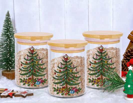 JarThenaAMCS 3Pcs Christmas Glass Storage Jars Vintage Xmas Tree Cookie Candy Clear Canisters Set with Airtight Lid for Winter Home Kitchen Countertop Decor