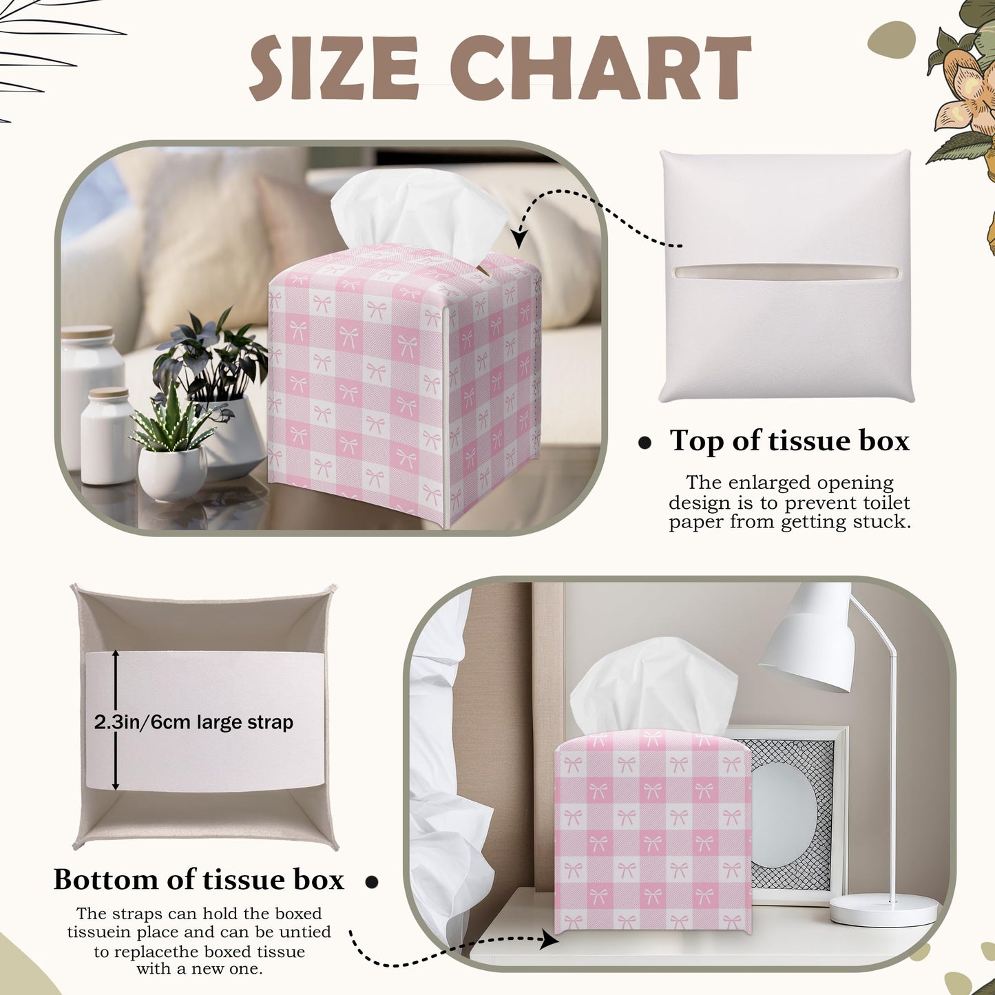 Pink Gingham Bow Decorative Leather Tissue Box Cover - Cute Tissue Holder Gifts for Women and Friends Funny Unique for Home Decor Decorative for Kitchen Bathroom Nightstands Office - A21