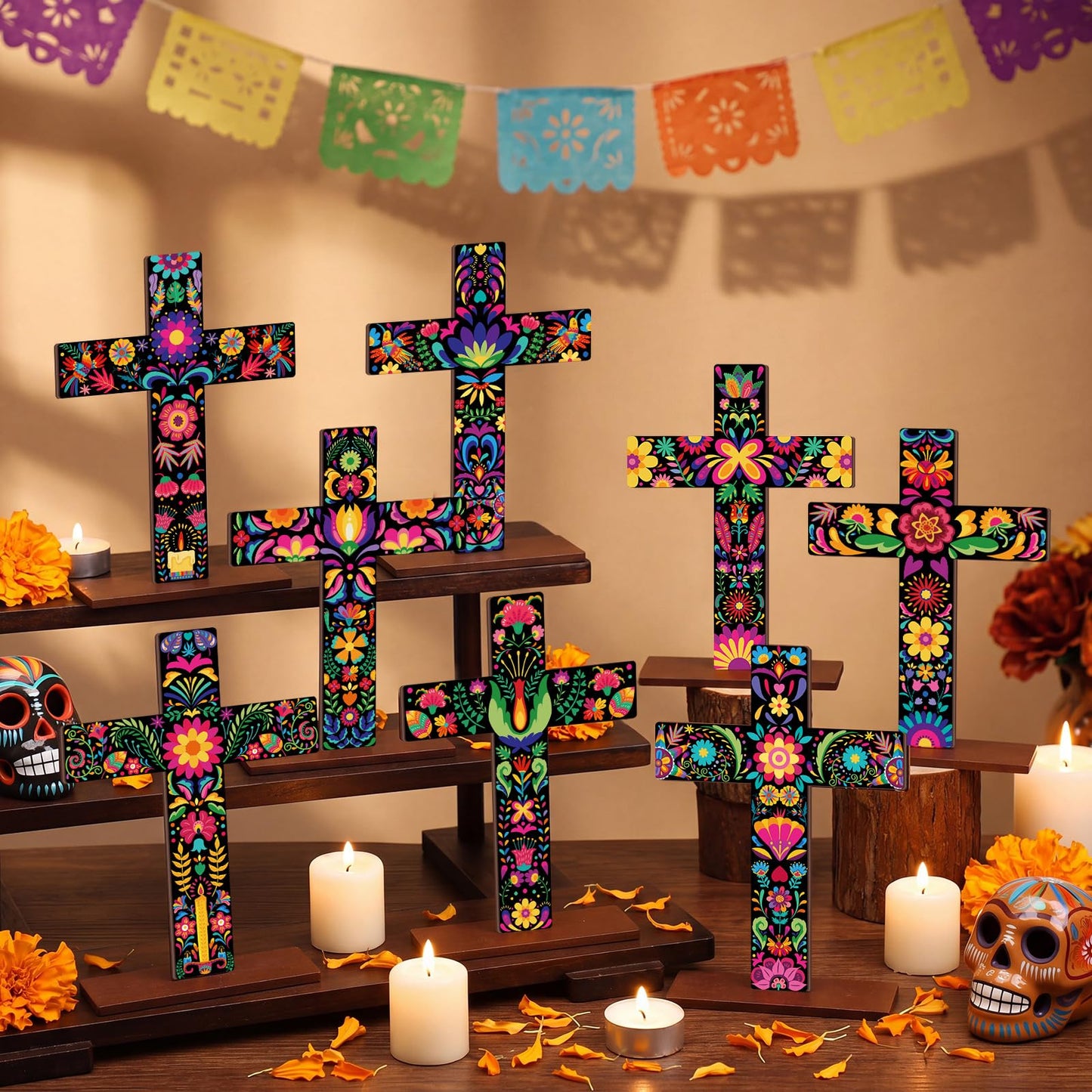 Amyhill 8 Pcs Dia De Los Muertos Altar Table Decorations Wooden Mexican Otomi Tenango Floral Folk Art Cross Centerpiece Day of The Dead Tabletop Sign Religious Cross for Home Desktop Shelf Decor