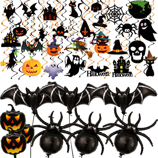 Halloween Balloons and Hanging Swirls - Pack of 64 | Giant 47 Inch Bat Balloons, Black Spider and Pumpkin Balloon | Spooky Halloween Party Decorations
