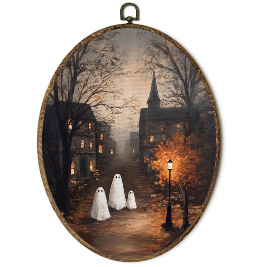 OINDADE Halloween Fall Ghost Oval Wall Art Decor, Fall Season Cute Ghost Wall Art Hanging Decor, Autumn Halloween Church Cottage Ghosts Framed Canvas Artwork for Living Room Bedroom, 8.8x11.5in