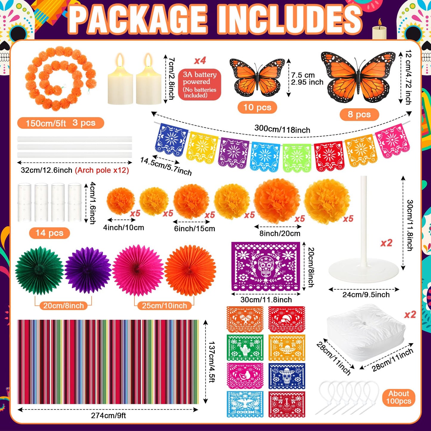 Suncalla 66 Pcs Day of the Dead Altar Set Marigold Flower Arch Dia De Muertos Tablecloth Flameless LED Candle Paper Fan Butterfly Mexican Papel Picado Banner Supplies(Classic,Multicolor)