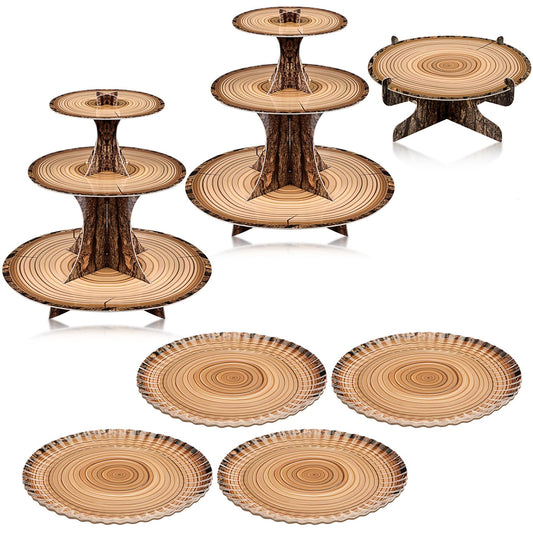 Sawysine 7 Pcs Woodland Cupcake Stand Set Woodland Baby Shower Decorations 3 Tier 2 Wooden Cupcake Stand 1 Rustic Cake 4 Rectangle Serving Tray Birthday Western Camping Hunting Supplies(Circle)